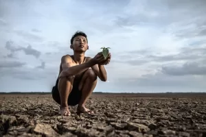 hombres sientan sus manos sosteniendo plantulas tierra seca mirando al cielo 1150 16326